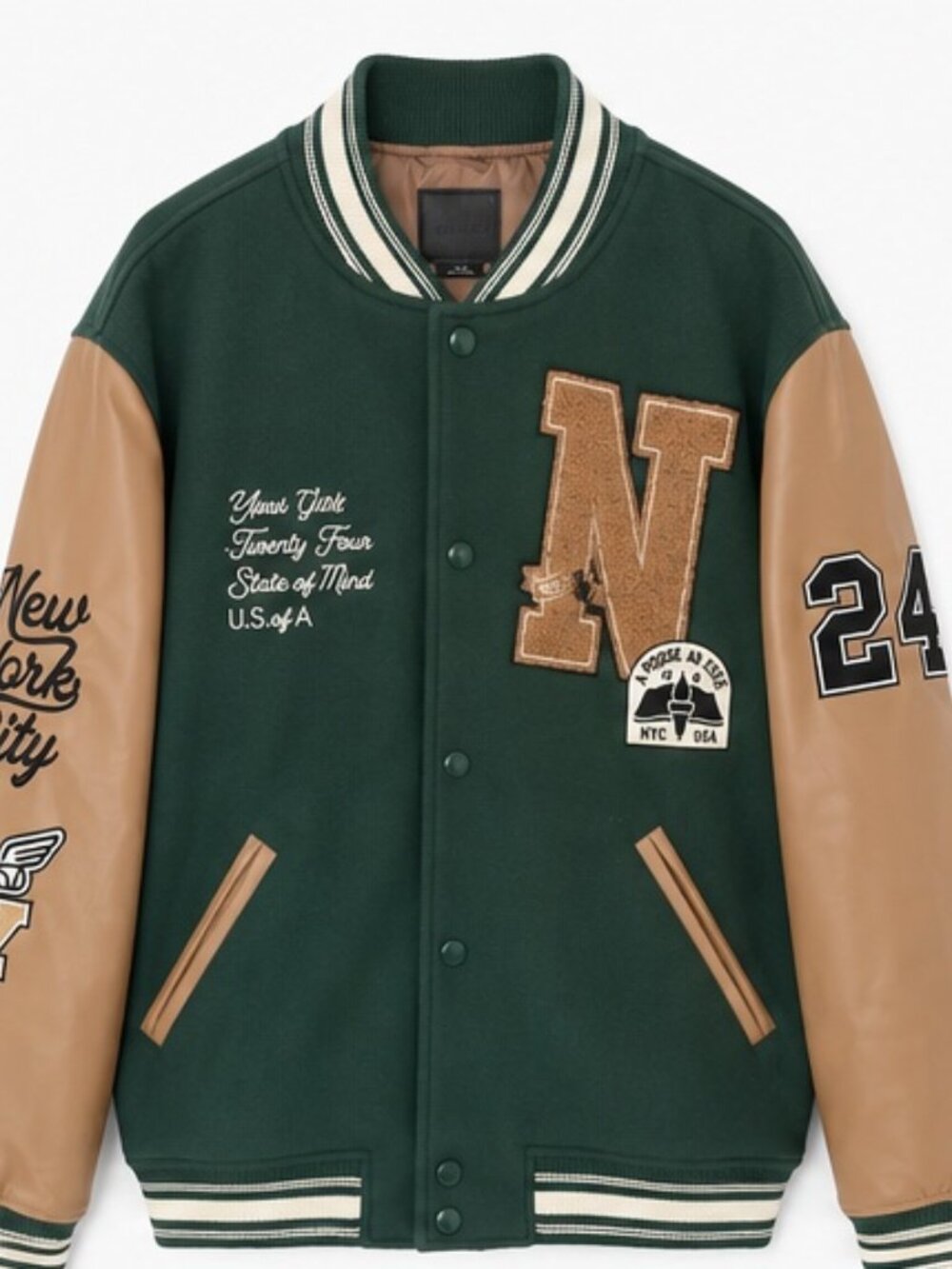 Cotton On Varsity Jacket Men's Large Green Tan Letterman Bomber Coat